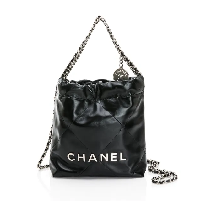 【CHANEL 香奈兒】22 Mini Bag 仿舊銀色金屬logo菱格縫線小牛皮斜背包/肩背包(黑/銀)『entrupy安心購』