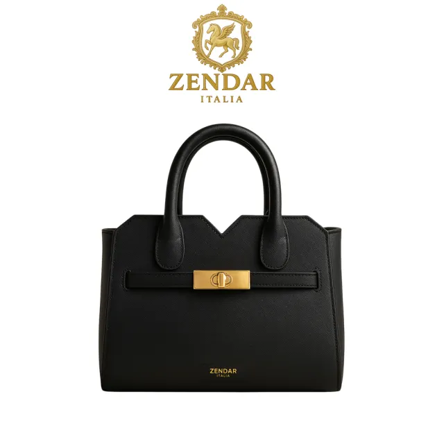 【ZENDAR】限量1折 頂級小牛皮十字紋手提包肩背包 娜塔莉系列 全新專櫃展示品(黑色 25號)