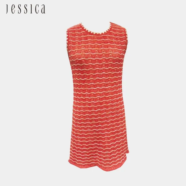 【JESSICA】透氣鏤空無袖條紋小香風針織洋裝253703（橘）
