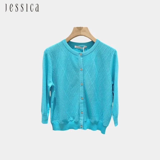 【JESSICA】輕薄百搭菱格紋七分袖小香風針織外套253402（藍）
