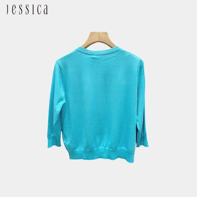 【JESSICA】輕薄百搭菱格紋七分袖小香風針織外套253402（藍）