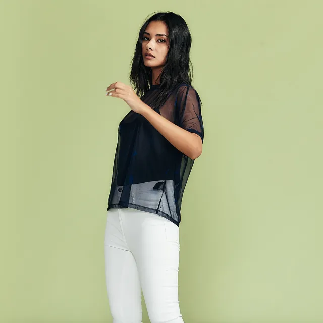 【ICHE 衣哲】Cop.Copine 法國原裝進口輕禮服透膚拼接短袖上衣