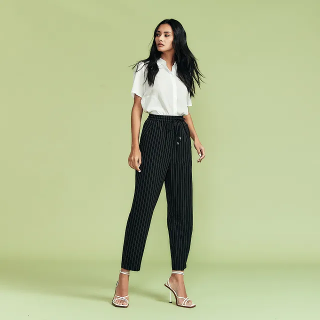 【ICHE 衣哲】Cop.Copine 法國原裝進口簡約經點直條紋鬆緊腰造型長褲