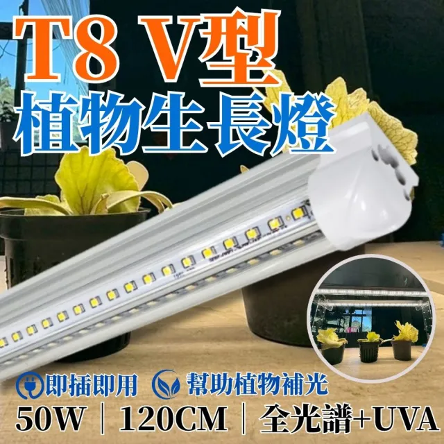 【JIUNPEY 君沛】2入組 T8一體式V型植物燈管 4呎50W 全光譜+UVA(植物生長燈)
