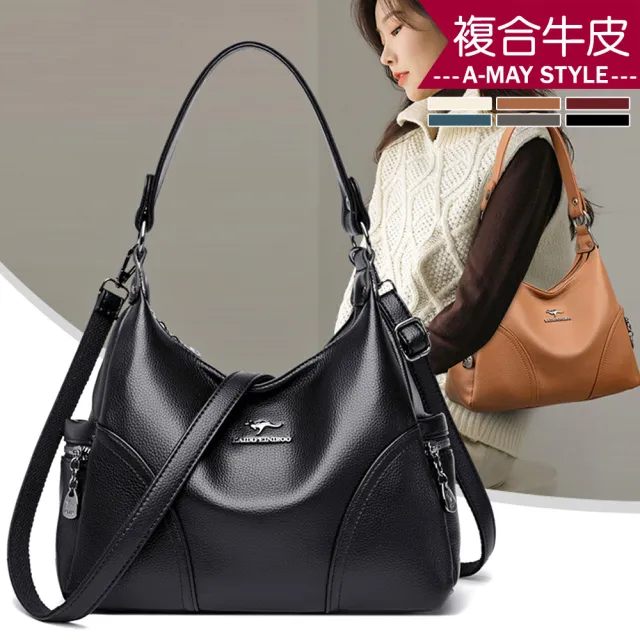 【Amay Style 艾美時尚】真皮女包 側背包 斜背包 大容量時髦拼接造型牛皮手提肩背包(6色.預購)