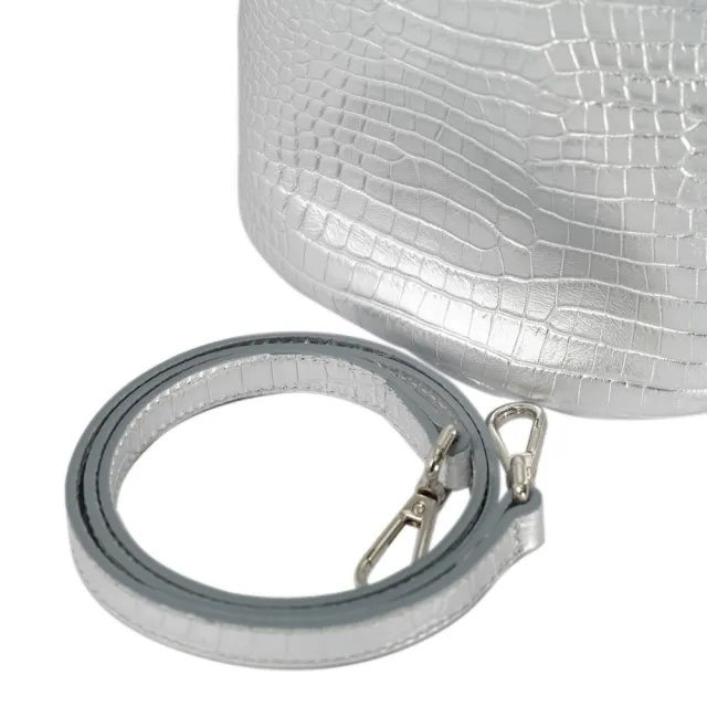 【Marco Masi Milano】義大利手工真皮包包 小牛皮鱷魚壓紋銀色水桶包(肩背兩用包 冰河銀)