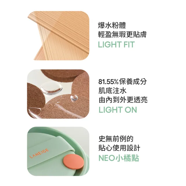 【蘭芝 官方直營】NEO完美氣墊底妝組(LANEIGE 氣墊15g*2+氣墊蜜粉7g 隔離乳 防曬)