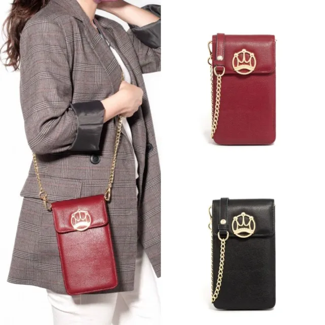 【PEPPER’S】交換禮物 CROWN 羊皮鍊背隨行包 - 櫻桃紅/煙燻黑(隨行包 手機包 女包 斜背包)