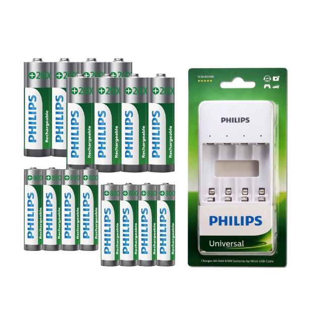 【Philips 飛利浦】低自放鎳氫充電電池3號4入*2+4號4入*2(贈USB 4槽智慧型充電器)
