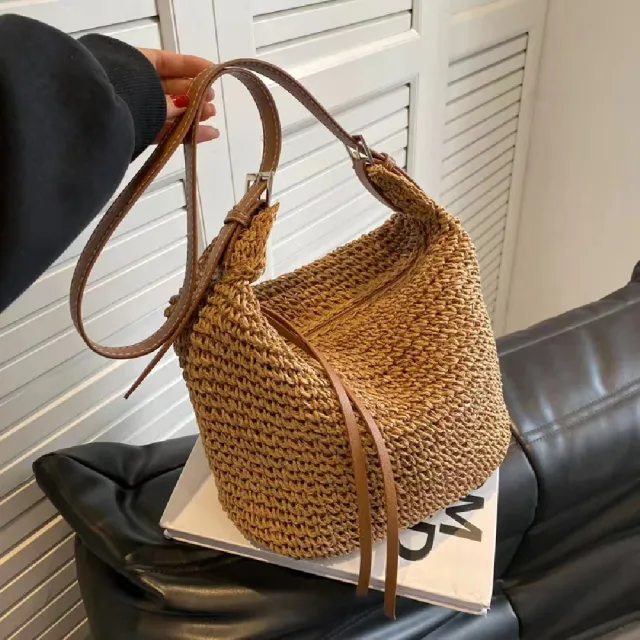 【米蘭精品】現貨+預購 女草編包手提包渡假單肩側背包大容量藤編織包包(U型紙繩餃子包2色t1ly38)