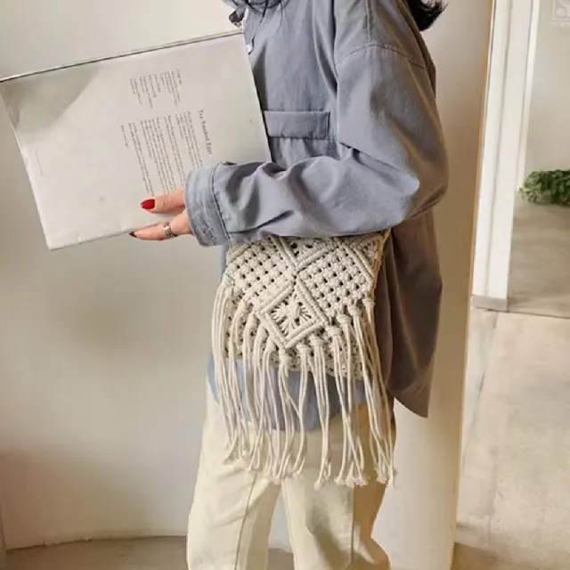 【米蘭精品】現貨+預購 女草編包手提包渡假單肩側背包大容量藤編織包包(棉線流蘇造型3色t1ly35)