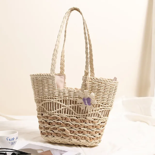 【米蘭精品】雙11優惠 女草編包手提包渡假單肩側背包大容量藤編織包包(凹包小花單肩2色t1ly75)