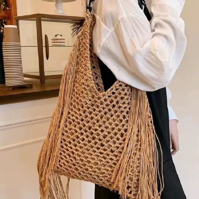 【米蘭精品】現貨+預購 女草編包手提包渡假單肩側背包大容量藤編織包包(長流蘇三角包2色t1ly64)