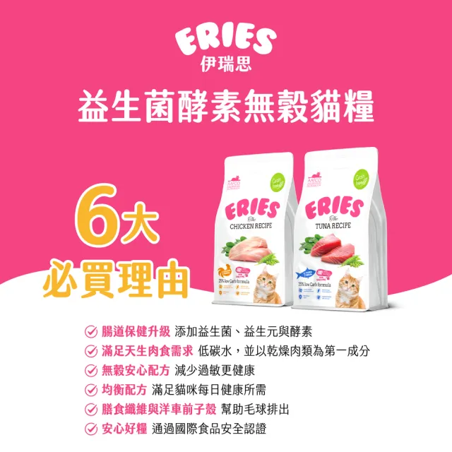 【Eries】益生菌酵素無穀貓糧 兩種口味 1kg  四包組(貓飼料/貓乾糧/無穀配方/全齡貓/低碳水配方)