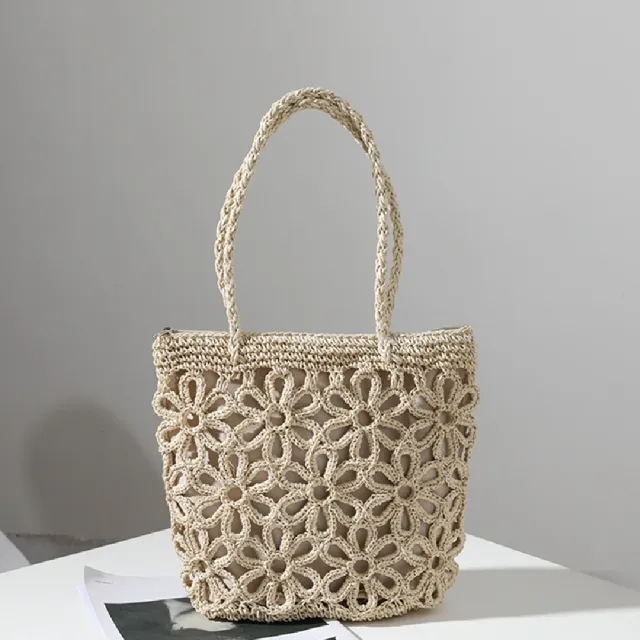 【米蘭精品】現貨+預購 女草編包手提包渡假單肩側背包大容量藤編織包包(復古鏤空花朵3色t1ly46)