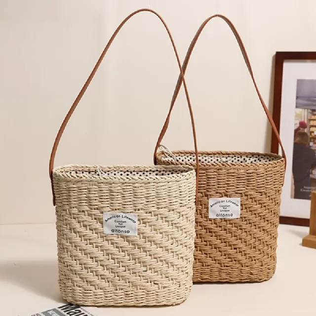 【米蘭精品】現貨+預購 女草編包手提包渡假單肩側背包大容量藤編織包包(方形草編包2色t1ly80)