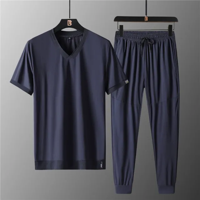 【米蘭精品】現貨+預購 男休閒套裝短袖褲裝夏季冰絲V領大碼運動服速乾薄款兩件式寬鬆(男裝4色t1lg89)