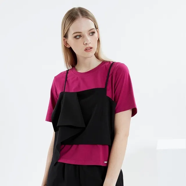 【ICHE 衣哲】Cop.Copine 法國原裝進口假兩件不對稱撞色立體短袖造型上衣
