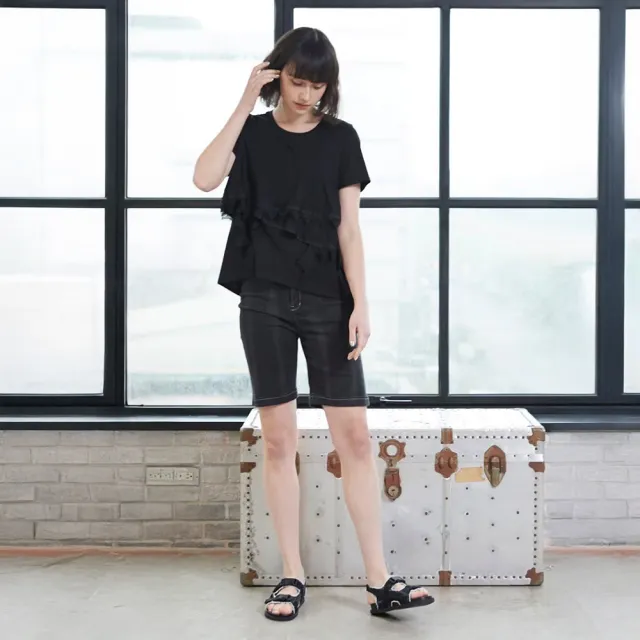 【ICHE 衣哲】Cop.Copine 法國原裝進口水洗感黑色牛仔百搭造型五分褲