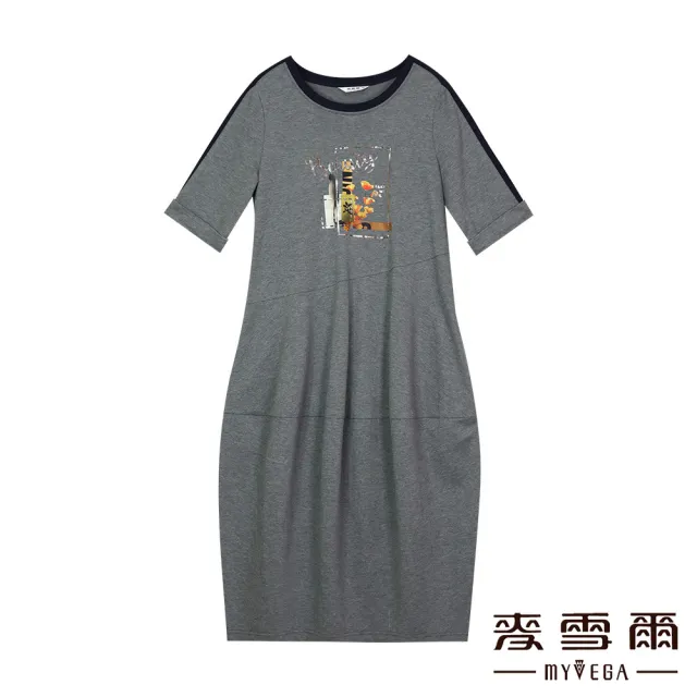 【MYVEGA 麥雪爾】高含棉花卉燙金休閒長洋裝-灰(素色洋裝/)