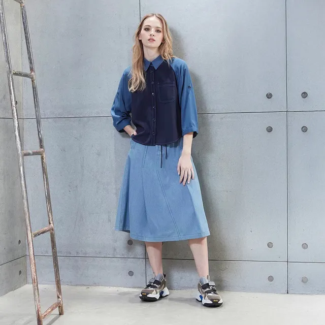 【ICHE 衣哲】Cop.Copine 法國原裝進口水洗藍棉麻簡約百搭半長圓裙