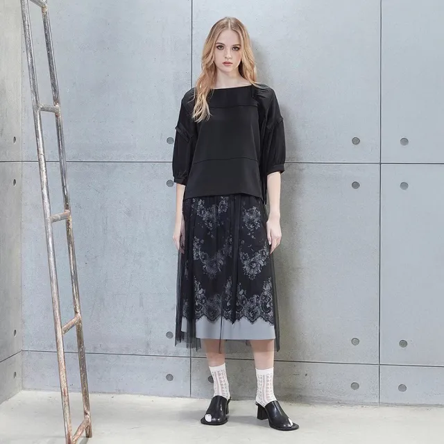 【ICHE 衣哲】Cop.Copine 法國原裝進口黑紗立體刺繡層次感半長圓裙