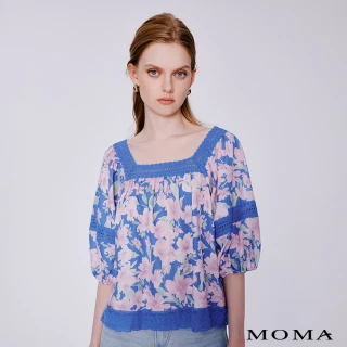 【MOMA】艷麗百合花鏤空雕花七分泡泡袖上衣(藍底花布)