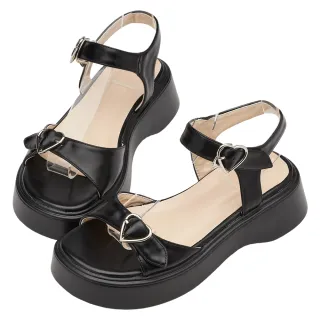 【Grace Gift】復古甜心愛心扣輕量厚底涼鞋(黑)