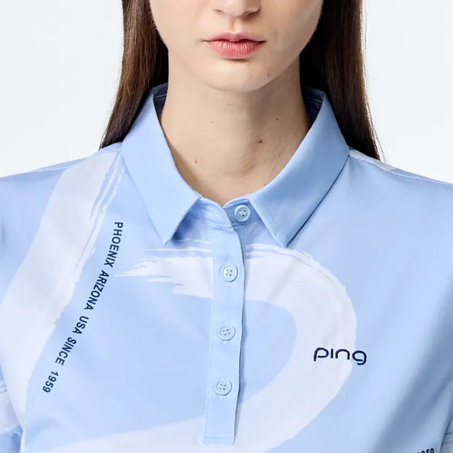 【PING】女款水彩筆刷涼感高爾夫短袖POLO衫-藍(吸濕排汗/GOLF/高爾夫球衫/RA25113-53)