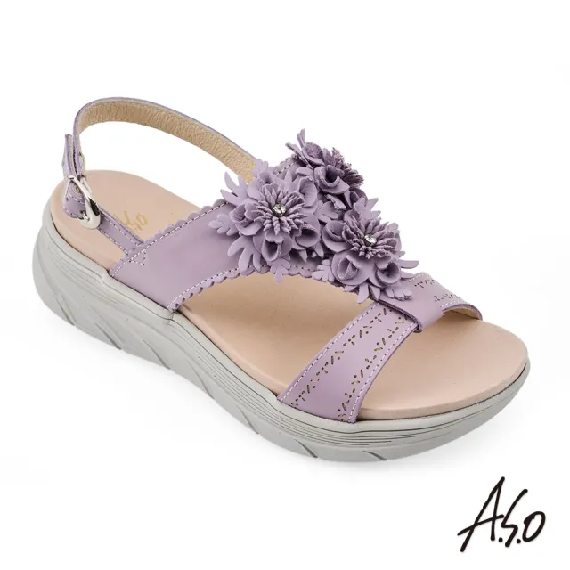 【A.S.O 阿瘦集團】A.S.O 舒活美型系列-水鑽花朵真皮休閒涼鞋(女鞋_3色任選)