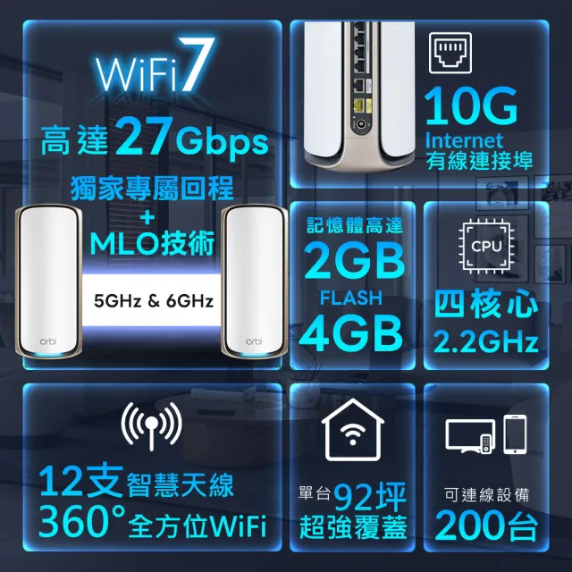 【NETGEAR】Orbi RBE971S BE27000  四頻 WiFi 7 Mesh 延伸系統 路由器(Mesh分享器)