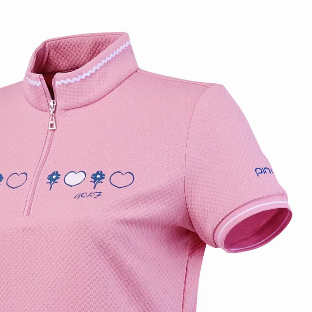【PING】女款胸前印花吸濕排汗短袖立領上衣-粉(GOLF/高爾夫球衫/RA25122-15)
