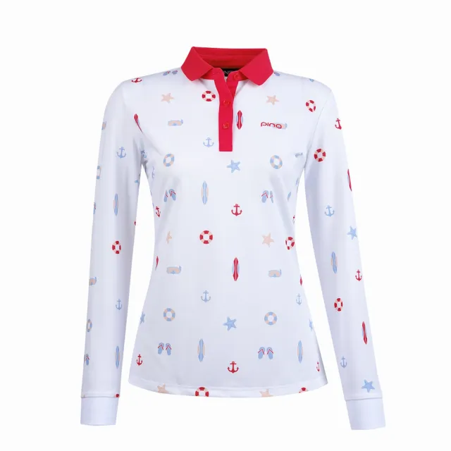 【PING】女款度假風吸濕排汗抗UV薄長袖POLO衫-紅(GOLF/高爾夫球衫/RA25135-18)