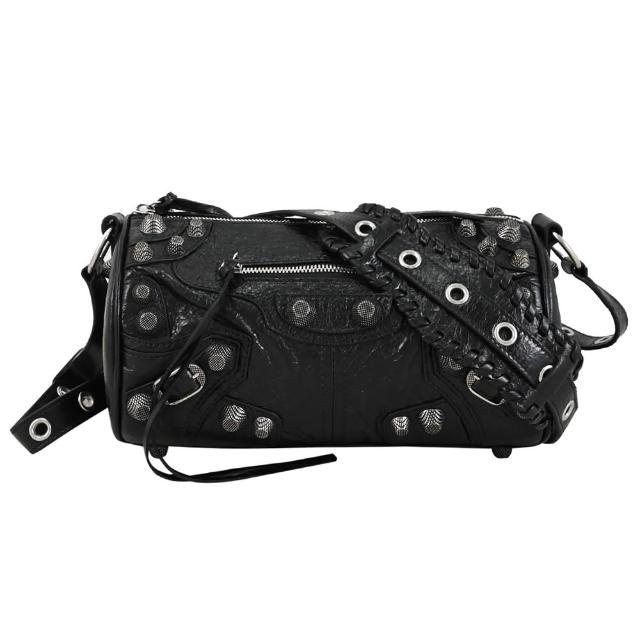 【Balenciaga 巴黎世家】Le Cagole 品牌鉚釘揉製小羊皮肩背包圓筒包(黑)