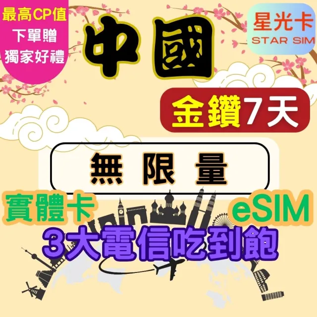 【Star SIM 星光卡】金鑽中國 內地內蒙古西藏青海海南島免翻牆7天 高速 無限量 吃到飽(實體卡  eSIM)