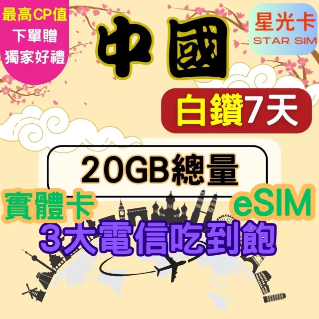 【Star SIM 星光卡】白鑽中國 內地蒙古西藏青海海南島免翻牆7天20GB總量 高速 無限量 吃到飽(實體卡 eSIM)