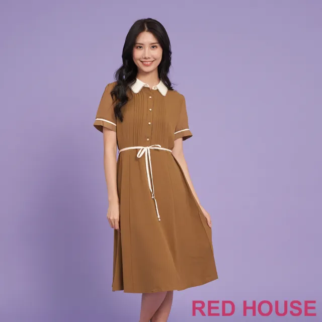 【RED HOUSE 蕾赫斯】簡約壓褶門襟綁帶洋裝(共2色)