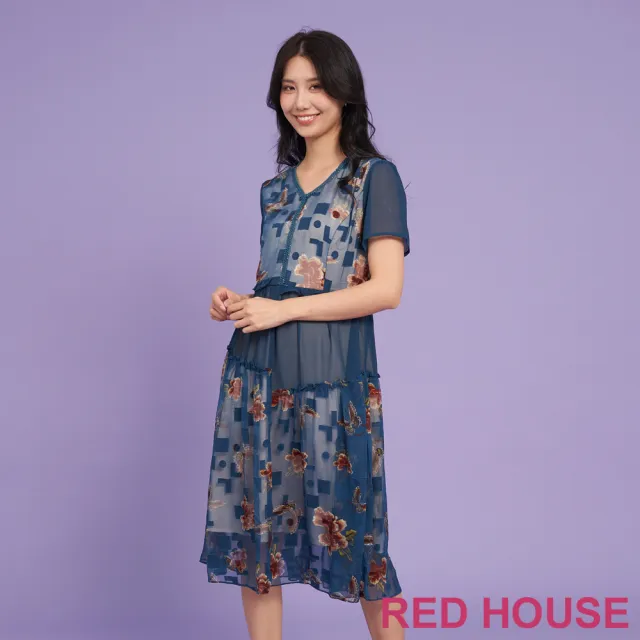 【RED HOUSE 蕾赫斯】不對稱剪接幾何花朵印花洋裝(深藍色)