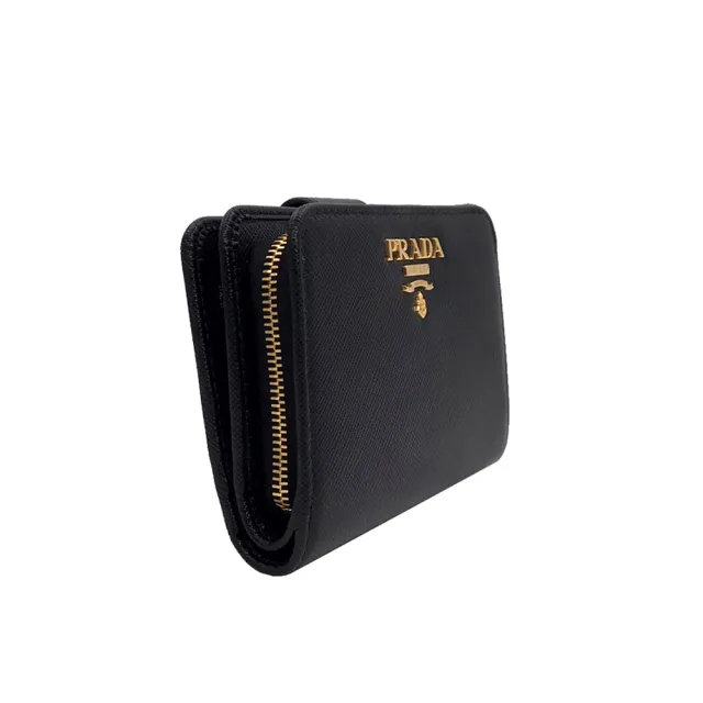 【PRADA 普拉達】1ML018 金色 經典印字 黑(雙開 拉鍊零錢袋短夾)