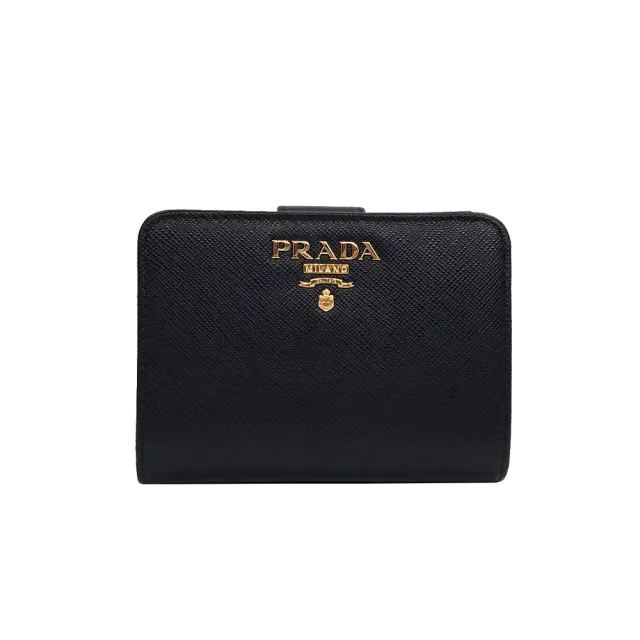 【PRADA 普拉達】1ML018 金色 經典印字 黑(雙開 拉鍊零錢袋短夾)