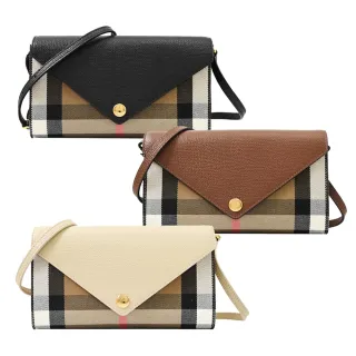 【BURBERRY 巴寶莉】WOC 經典棉麻格紋牛皮拼接多卡式翻蓋斜背包(三色可選)