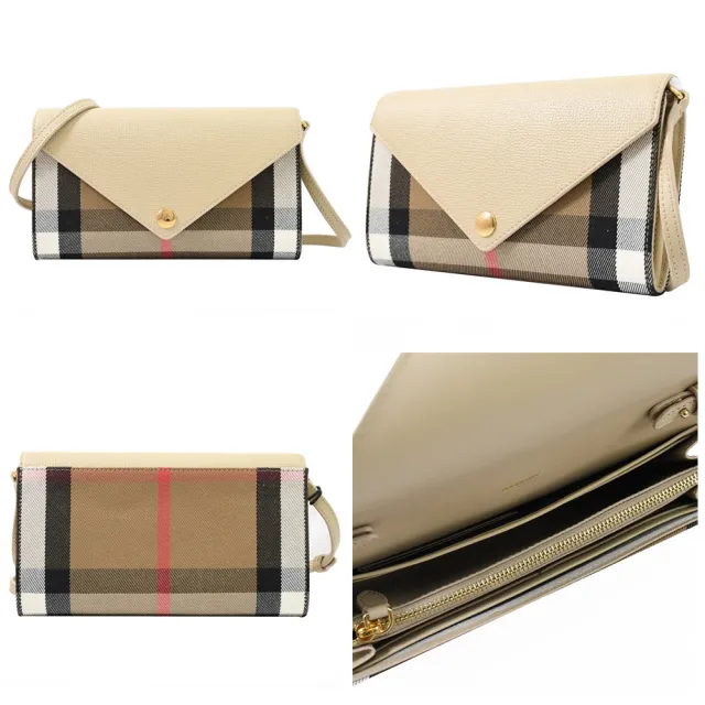 【BURBERRY 巴寶莉】WOC 經典棉麻格紋牛皮拼接多卡式翻蓋斜背包(三色可選)