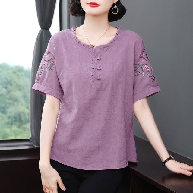 【Paiya 派亞】中年媽媽夏裝棉麻寬鬆新款刺繡短袖t恤(M-4XL)