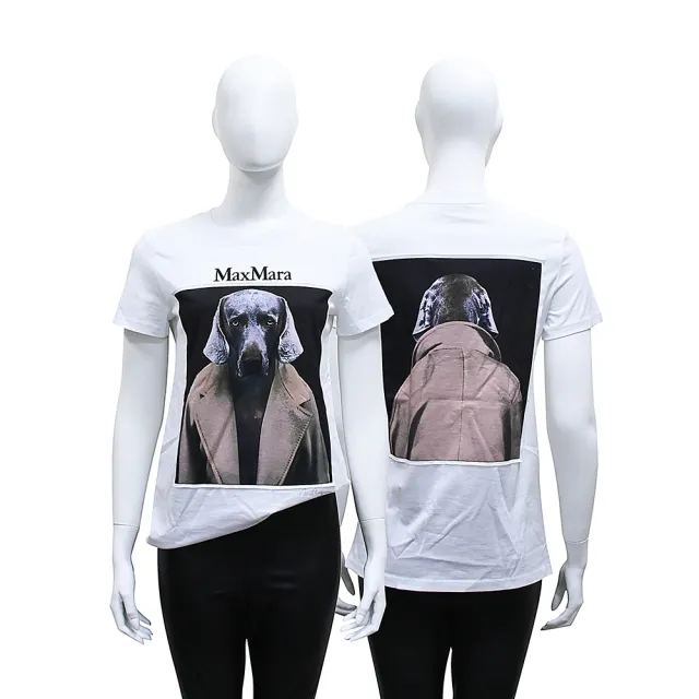 MAX MARA 經典威瑪獵犬圖案短袖T恤(女款/白x棕)
