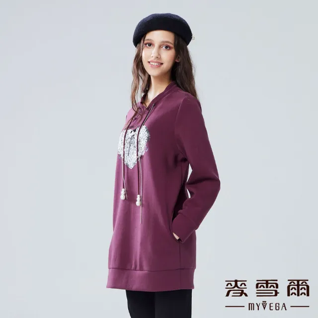 【MYVEGA 麥雪爾】厚磅棉質愛心亮片抽繩長版上衣-紫(復古T/)