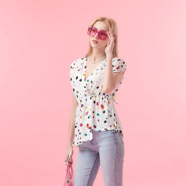 【ICHE 衣哲】Cop.Copine 法國原裝進口微甜白底彩點綁結上衣