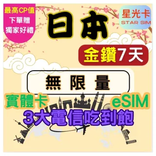 【星光卡  STAR SIM】金鑽日本 三大電信7天 高速 無限量 吃到飽(實體卡 eSIM)