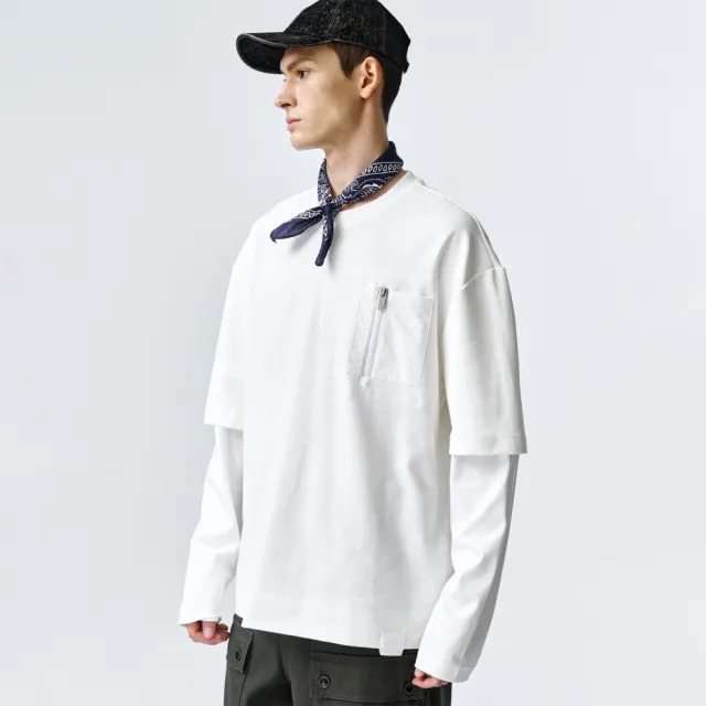 【ARVOpm】男女同款 白色拉鍊口袋假兩件寬版T恤00202410110(指定品限時5折)