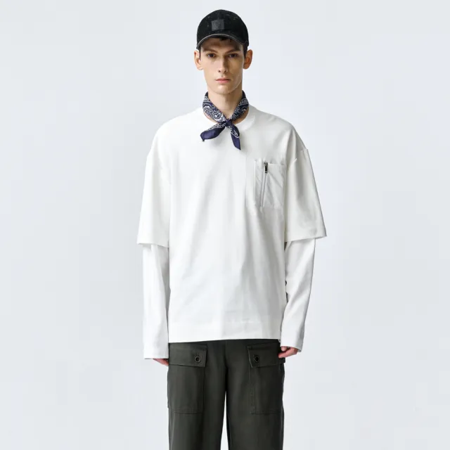 【ARVOpm】男女同款 白色拉鍊口袋假兩件寬版T恤00202410110(指定品限時5折)