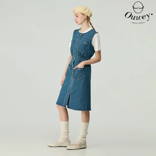 【OUWEY 歐薇】學院風排釦牛仔洋裝(藍；S-L；3243328724)